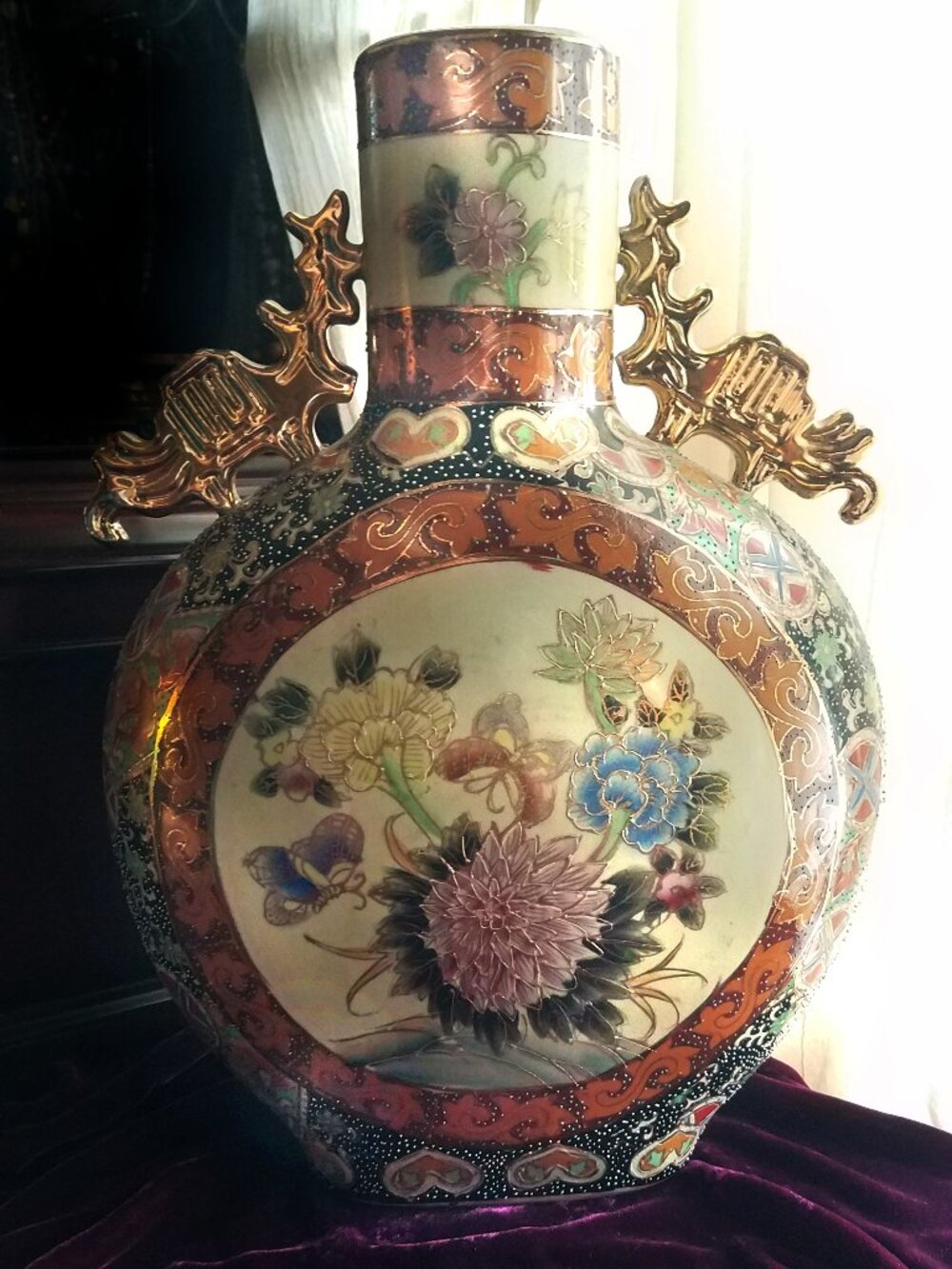 Japanese Satsuma Moon Flask 14" Flowers Butterflies Golden Moriage & Dragons